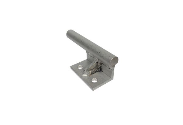Silver metal latch bracket with a hinged lever and mounting plate