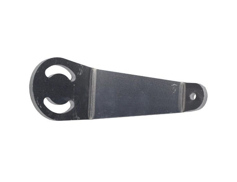 Black metal wrench tool with two circular openings and a tapered handle on a white background