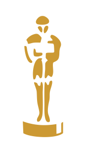 Award Gold statue of a man holding a sword, standing on a rectangular base.