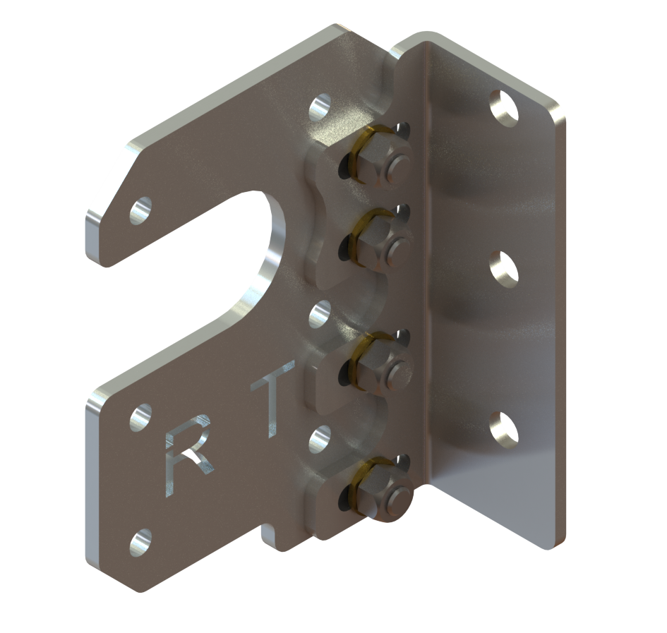 Silver metal mounting bracket with bolts and holes, shown in a close-up on white background