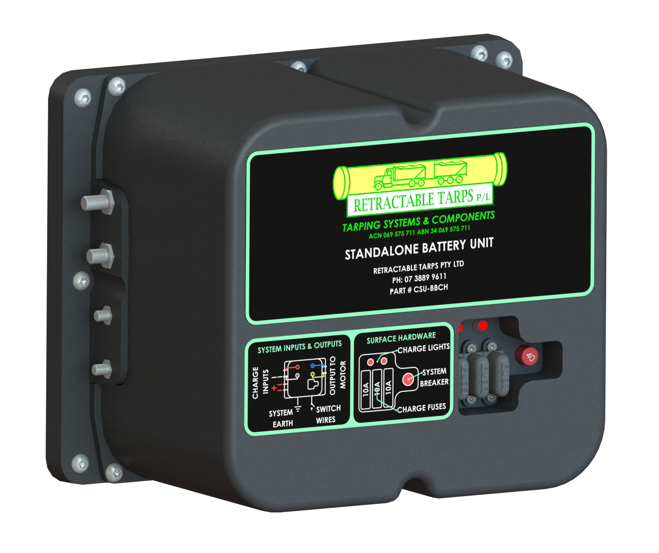Black industrial control box with display, buttons, and side switches on a mounting plate
