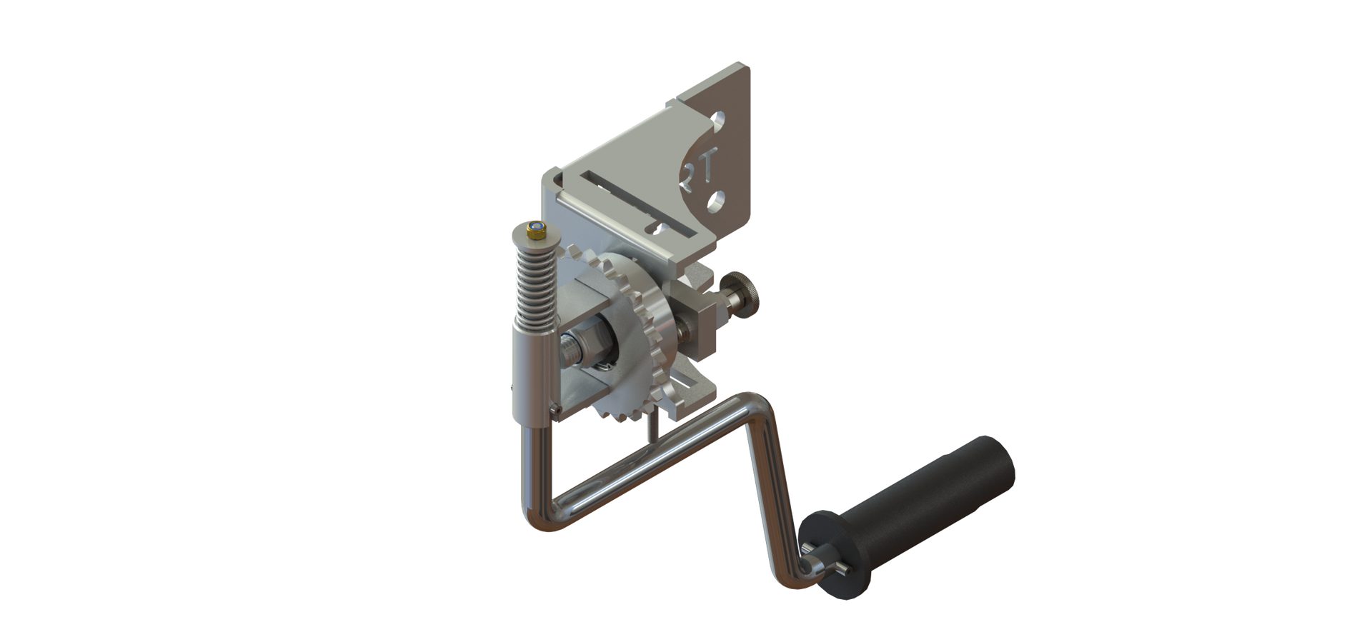 Metal crank-operated mechanical device with a black handle and mounting bracket on a white background