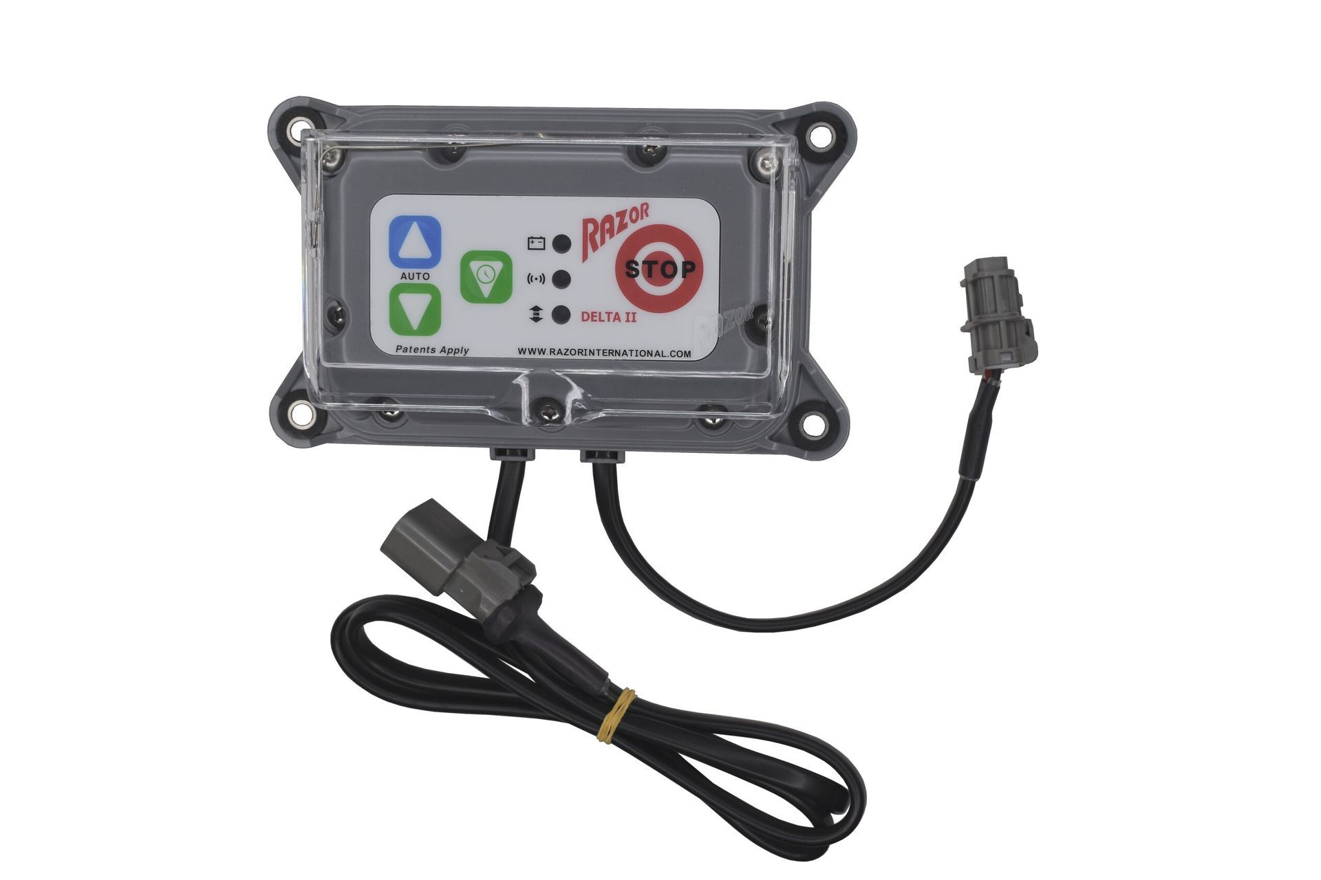 Black rugged handheld controller with buttons, coiled cable, and plug on a white background
