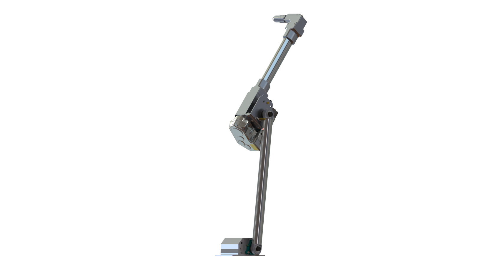 Tall gray mechanical arm mounted on a base, angled upward against a white background