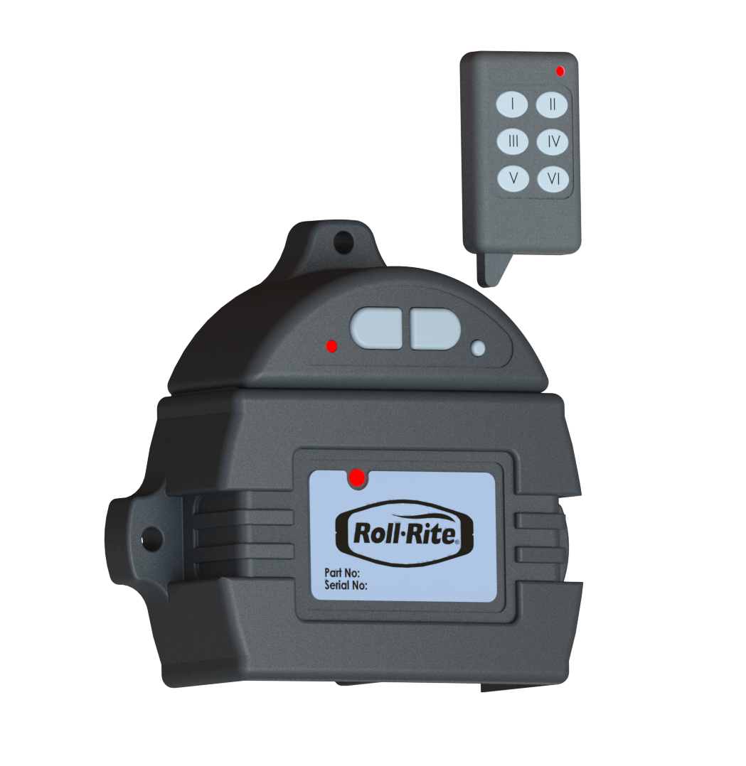 Black Rol-Rite device with gray buttons and a small remote control on top.