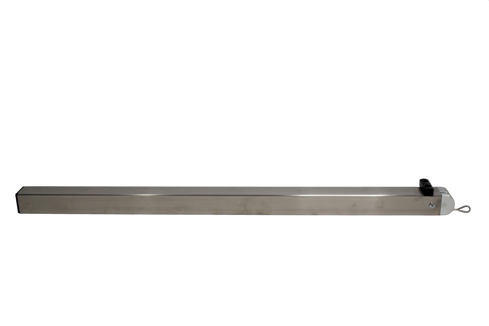 Long gray metal beam with a black knob and small ring at one end on a white background
