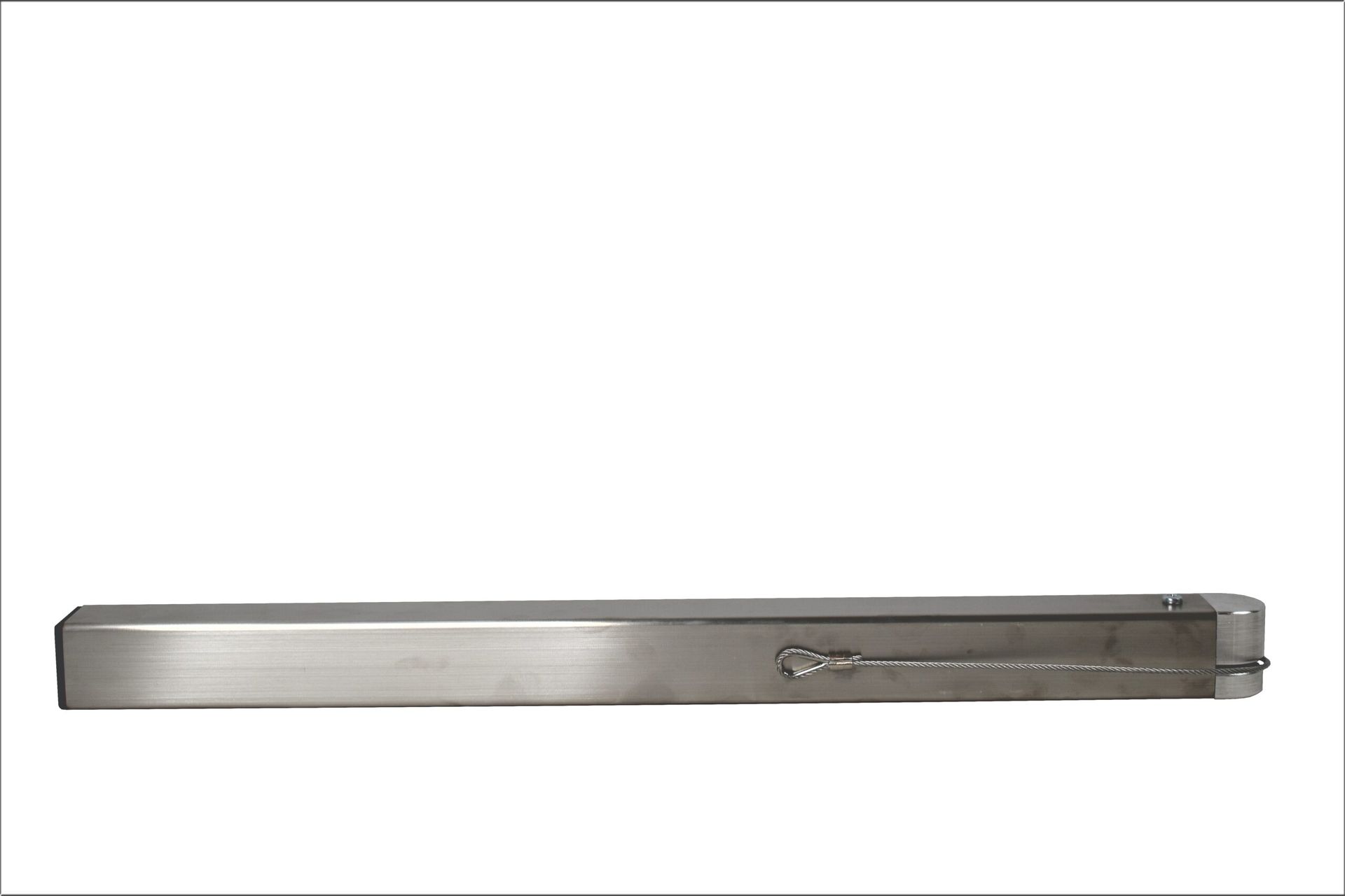 Silver metal tool with a long rectangular body and a small sliding latch on the side