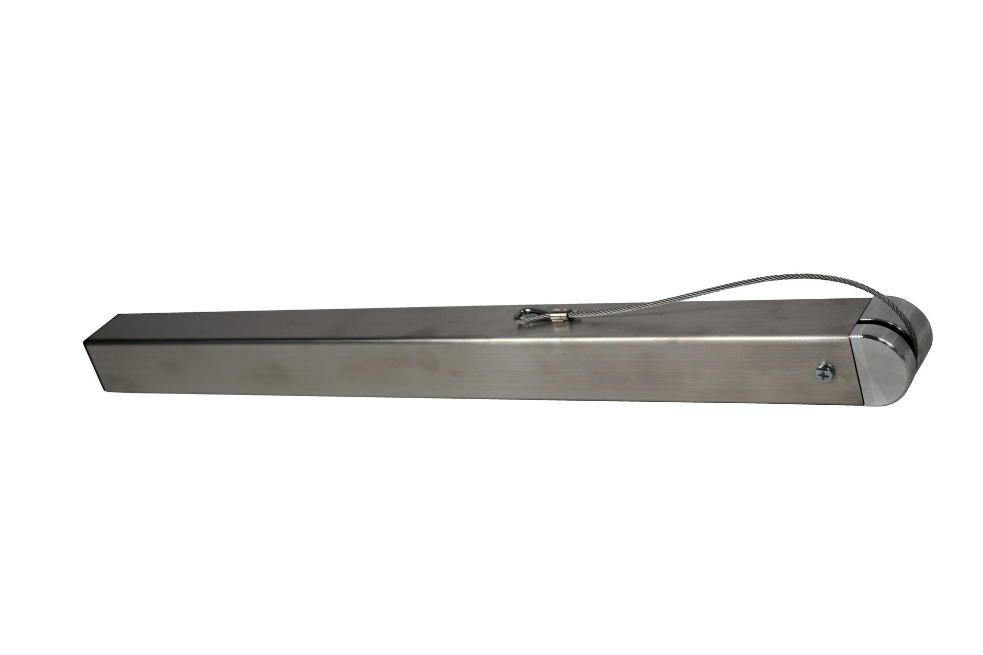 Silver folding metal ruler with a cord attached, shown on a white background