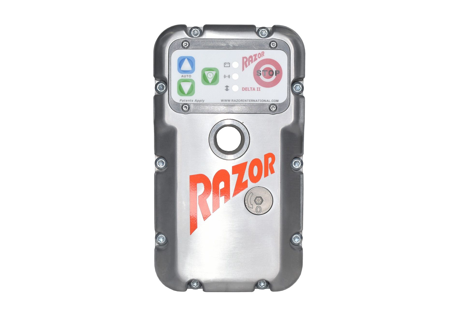 Silver Razor-branded device with buttons and a circular gauge, shown on a white background