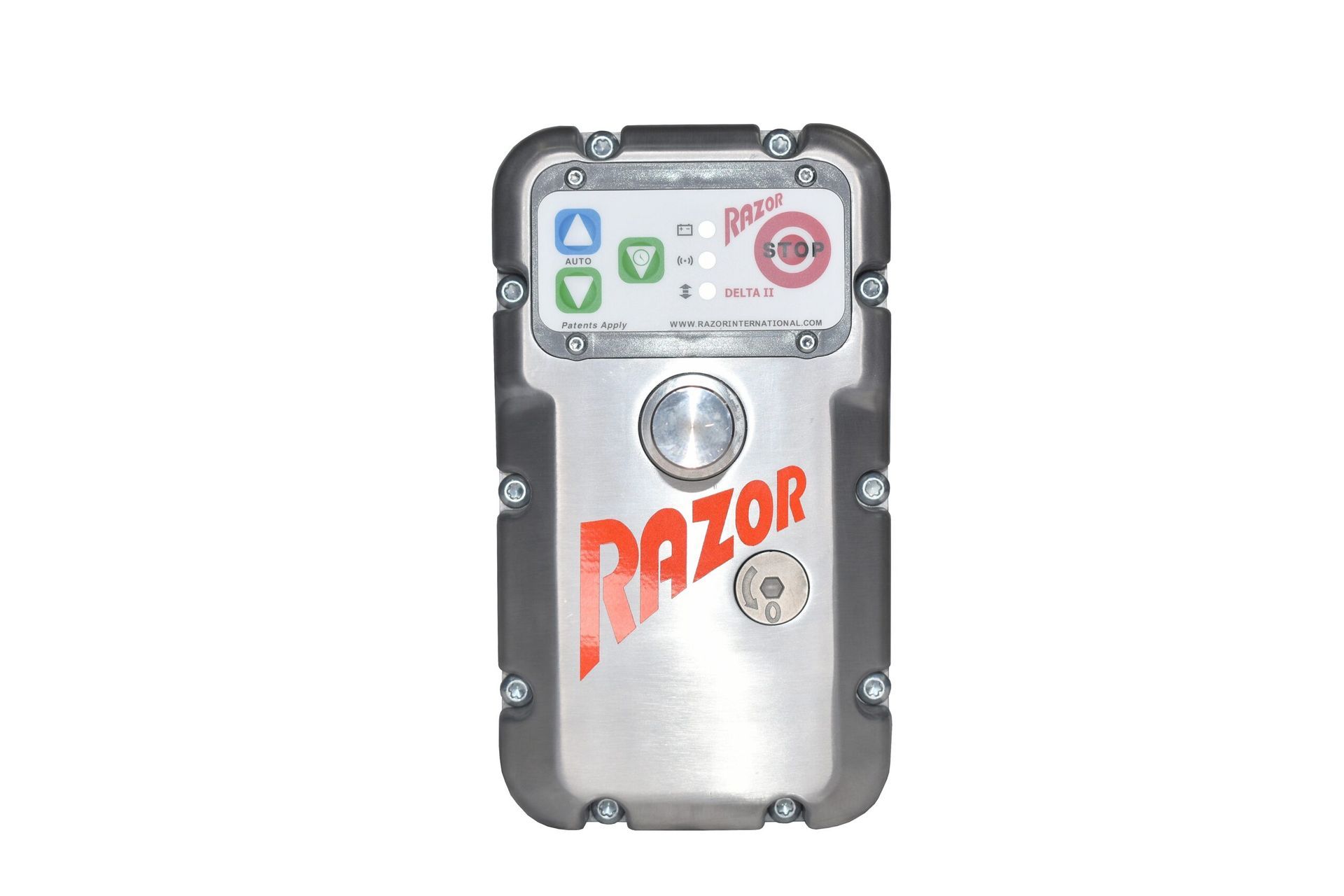 Silver Razor handheld device with red logo and small display screen on top.