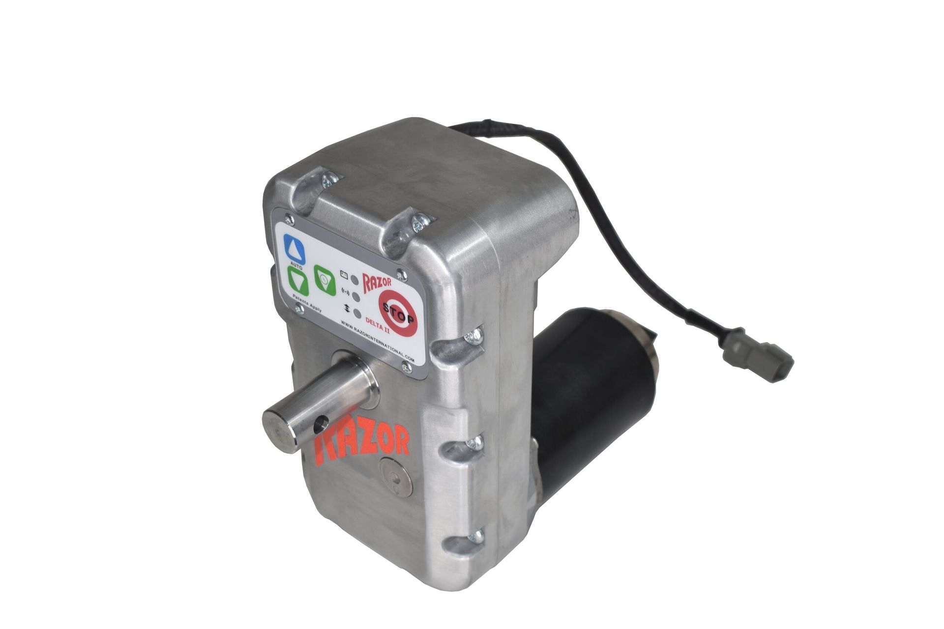 Compact silver-and-black industrial device with a cord on a white background