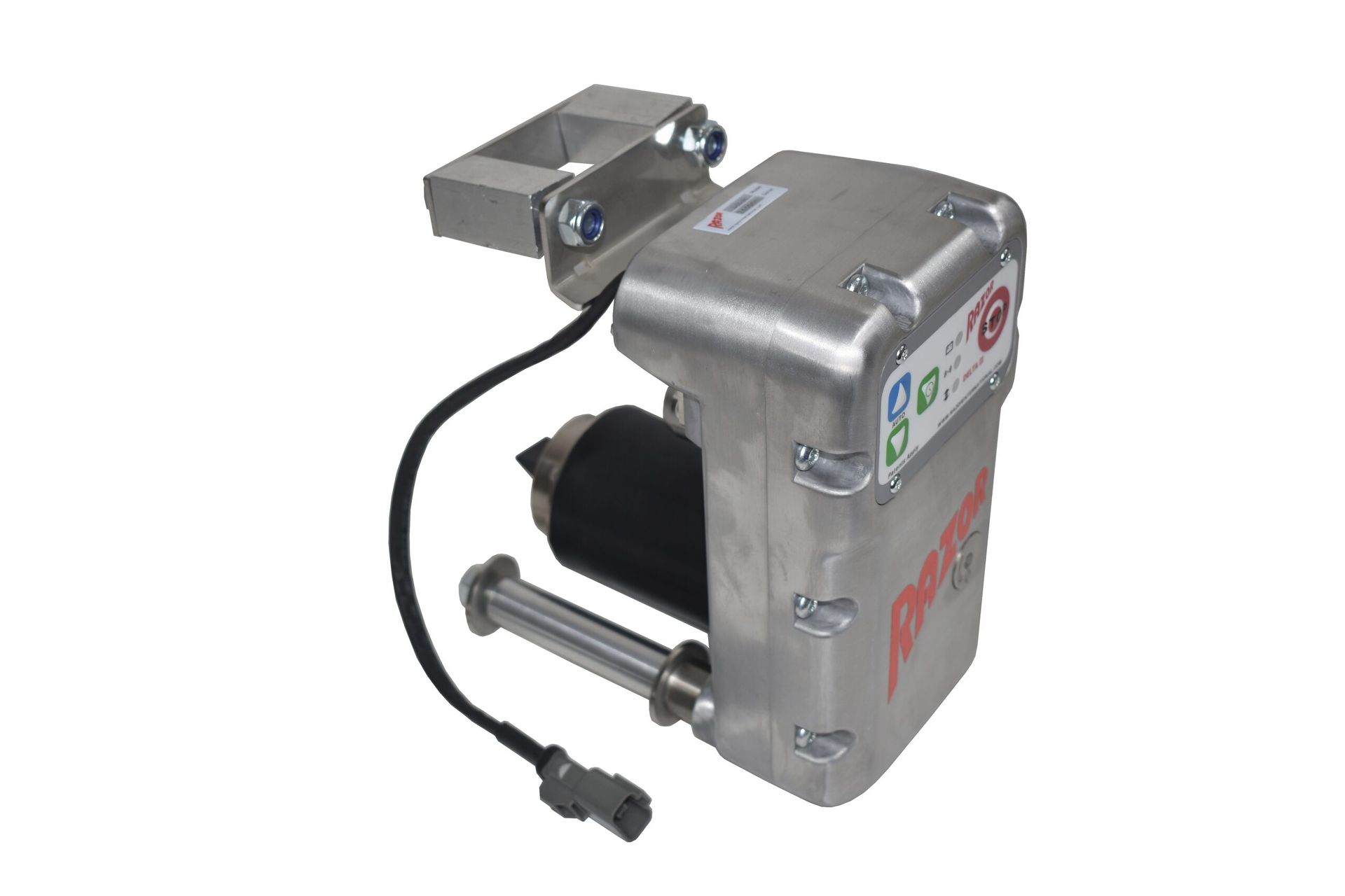 Silver mechanical device with black cable and mounting bracket on a white background