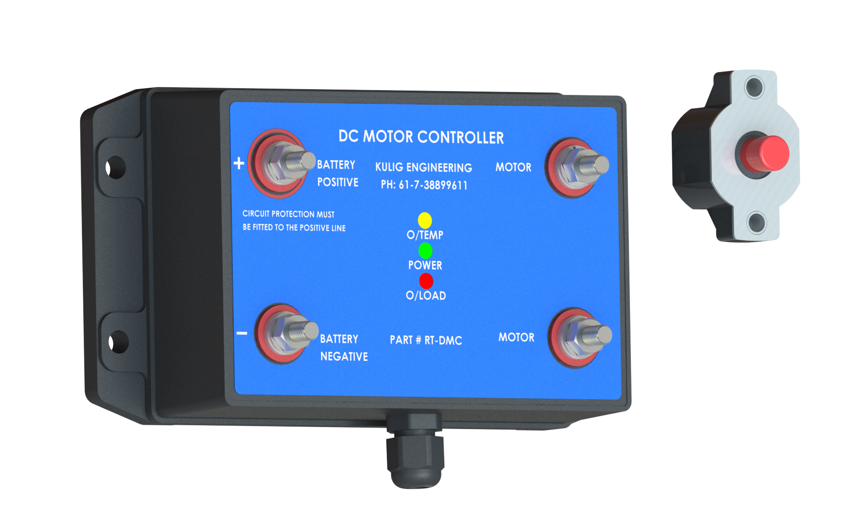 Blue DG noise controller box with indicator lights and a small red push-button switch on the right