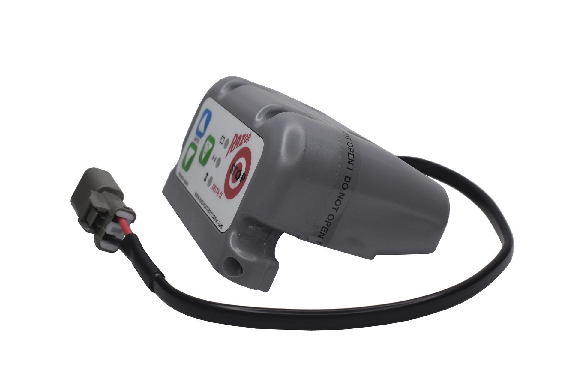 Gray automotive diagnostic module with a black cable and connector plug