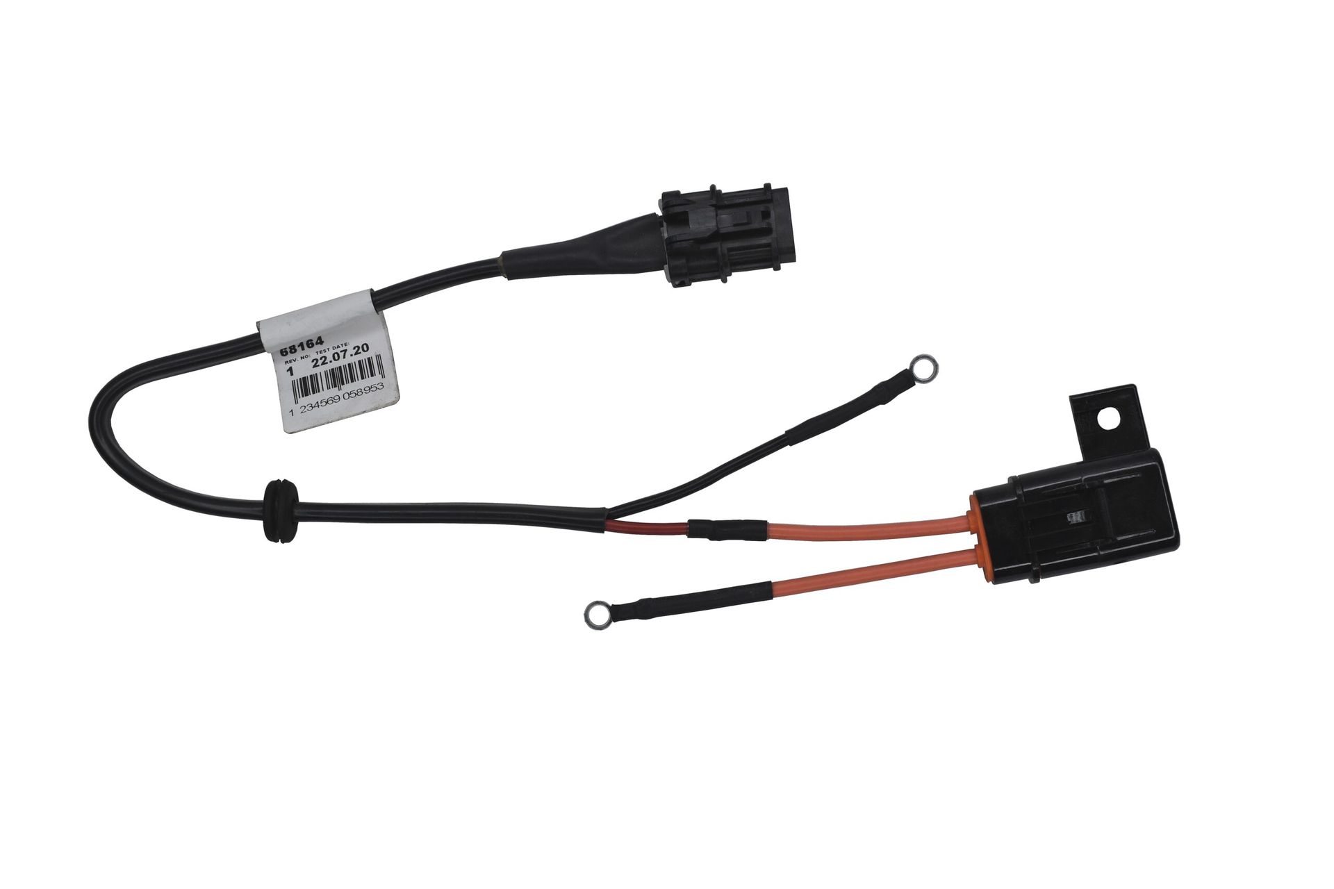 Black wired electronics cable harness with two connectors and small labels on a white background