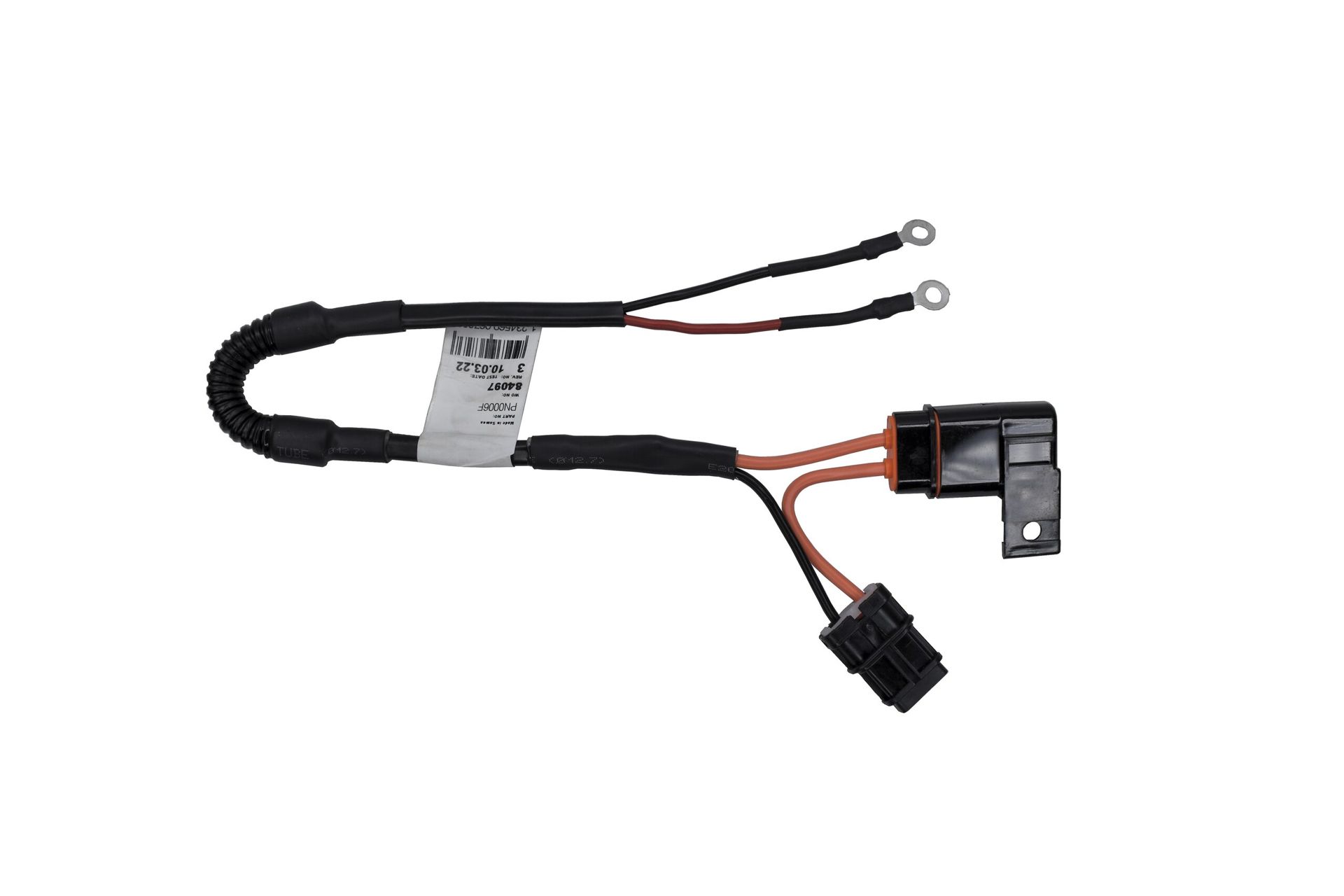 Black wiring harness with connectors and ring terminals on a white background