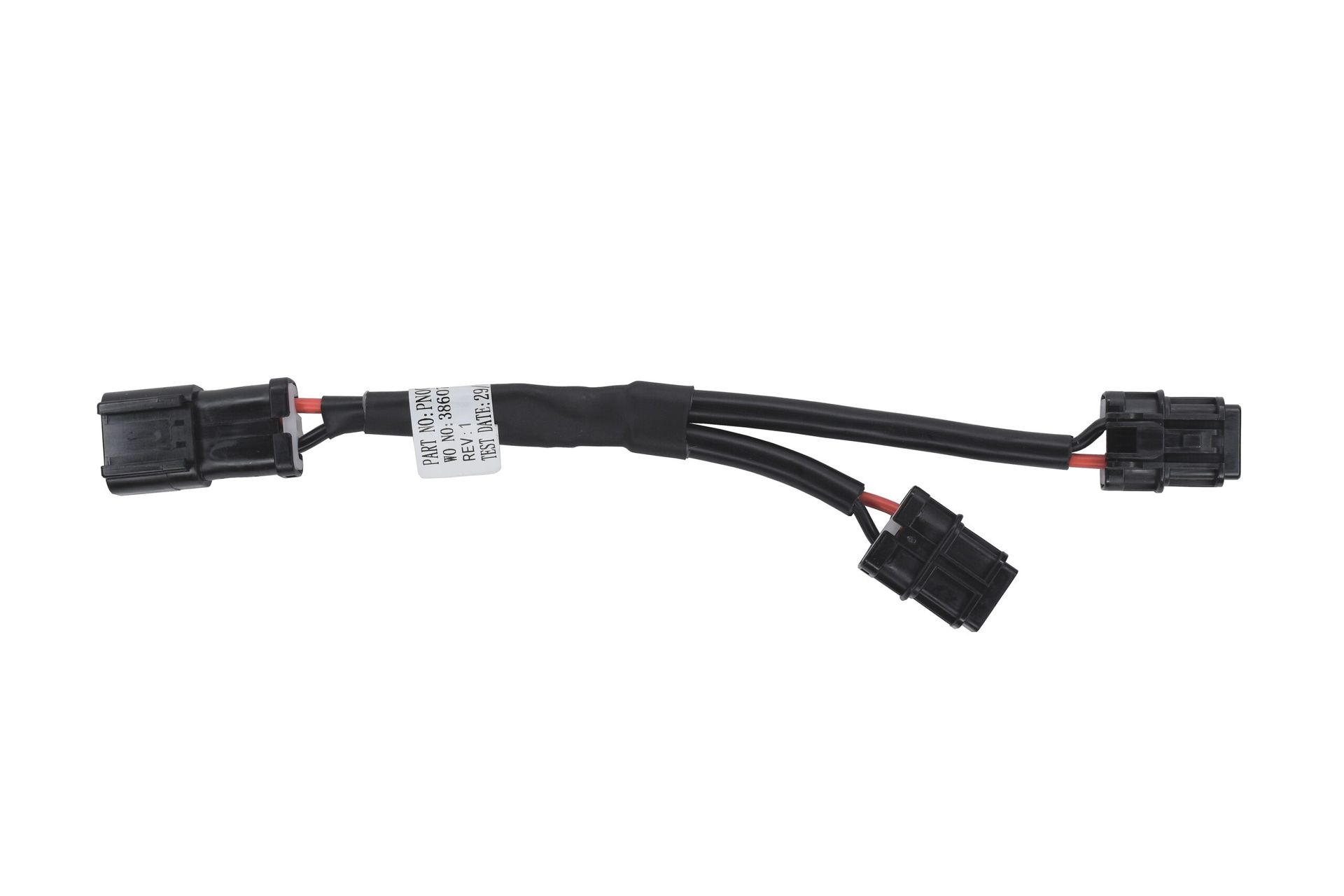 Black Y-shaped wiring harness with three connectors on a white background