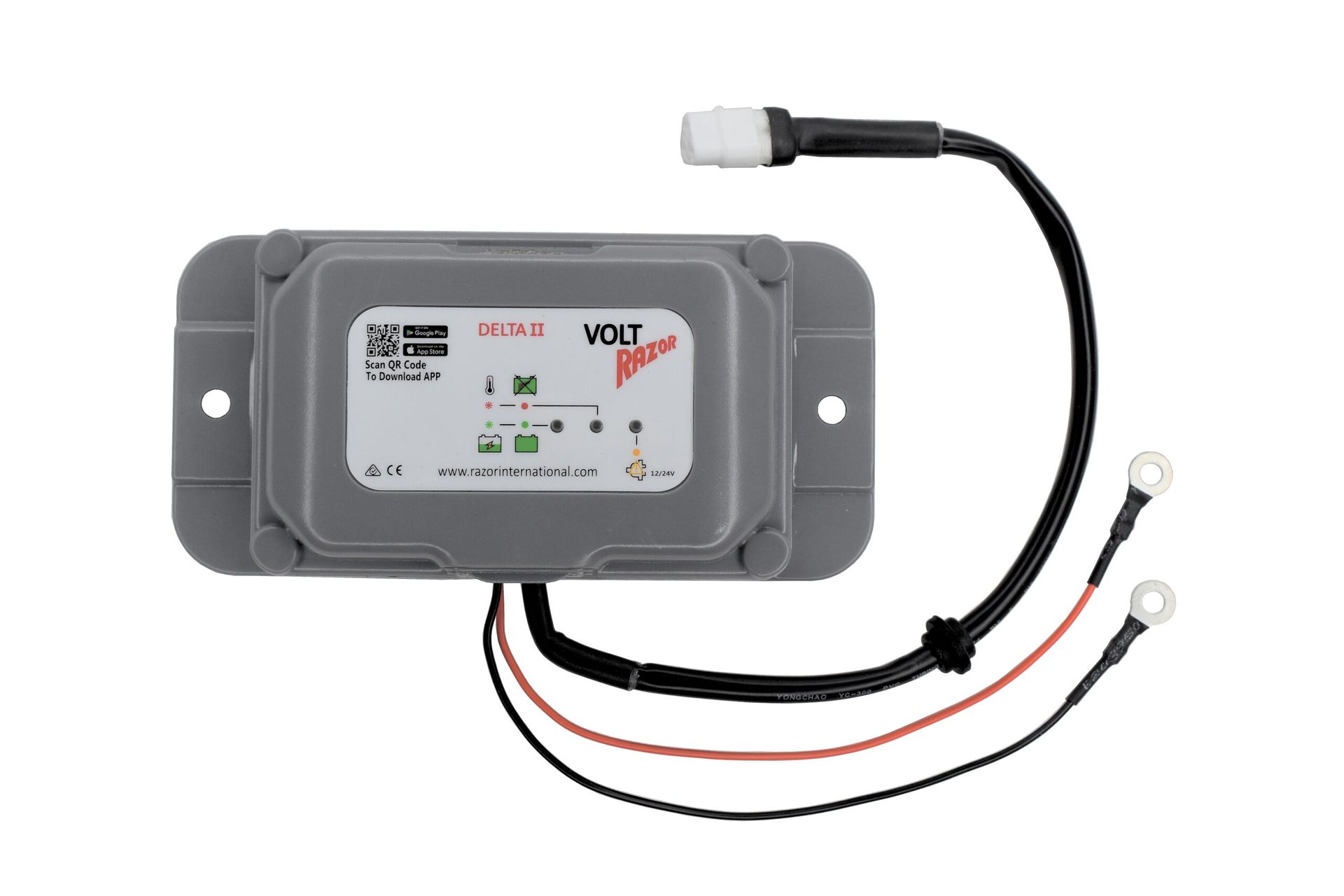 Gray electronic control box with attached black and red wires and a cable plug