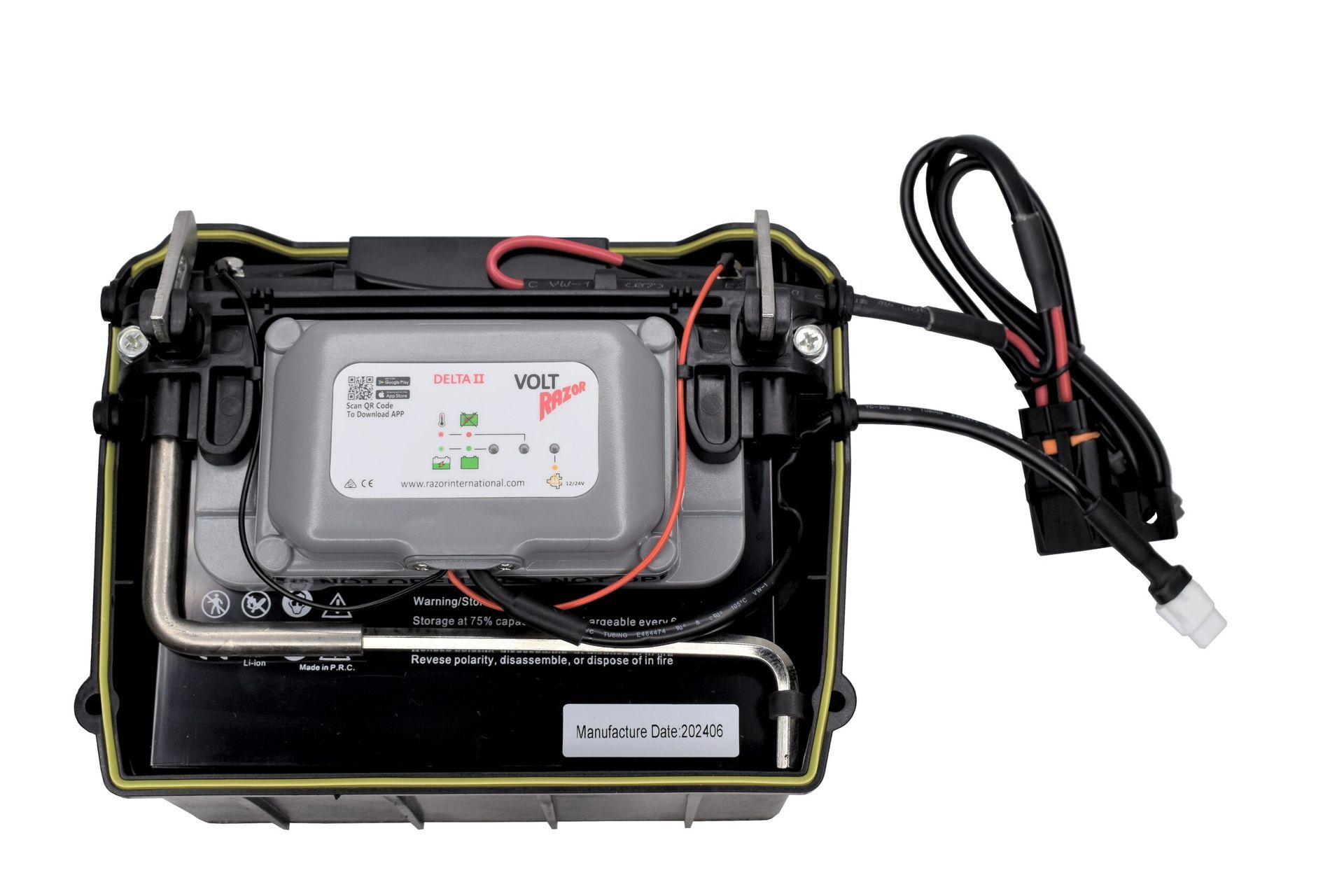 Portable black-and-yellow battery charger with attached cables and USB cord
