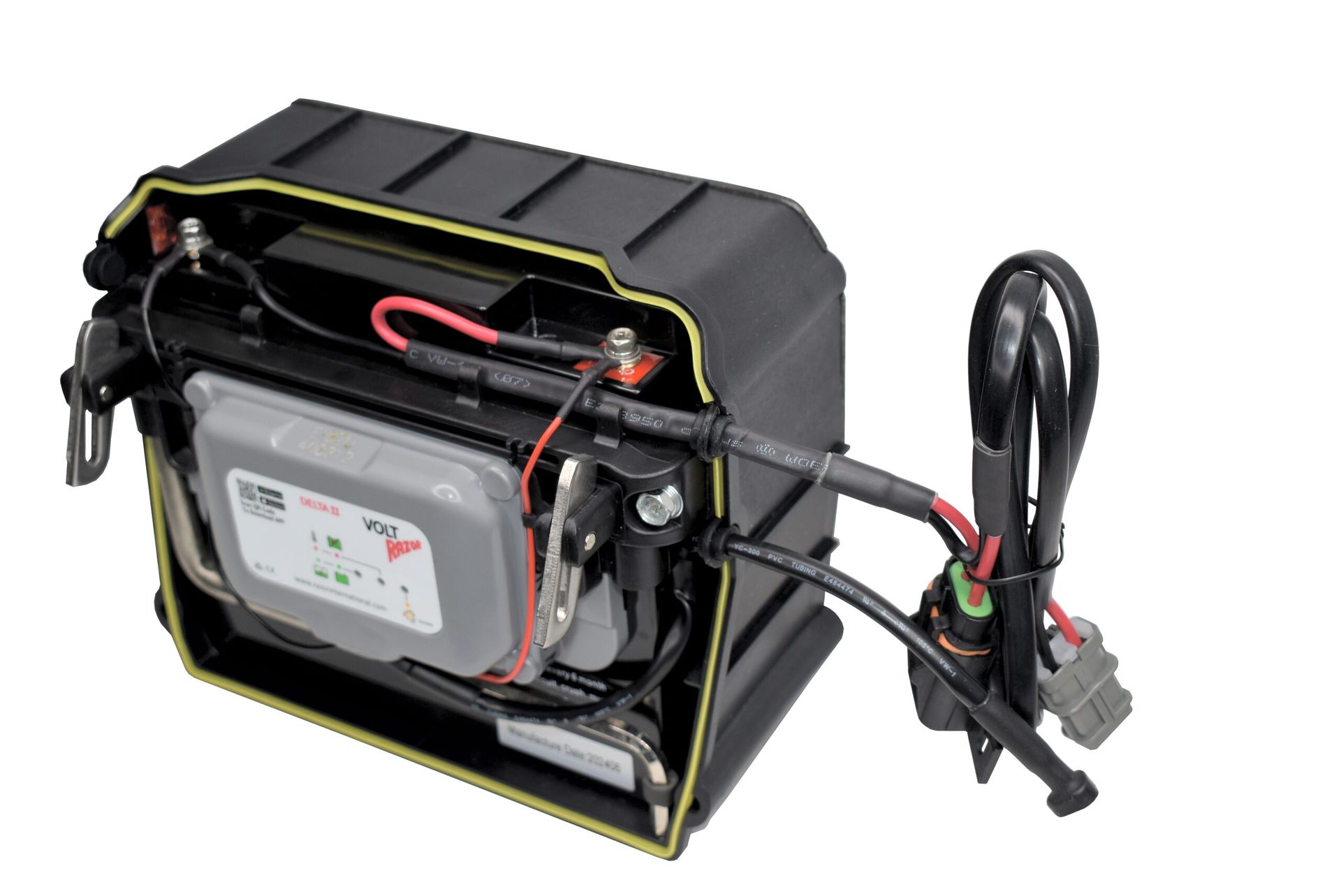 Portable battery pack with cables and handle in black case on white background