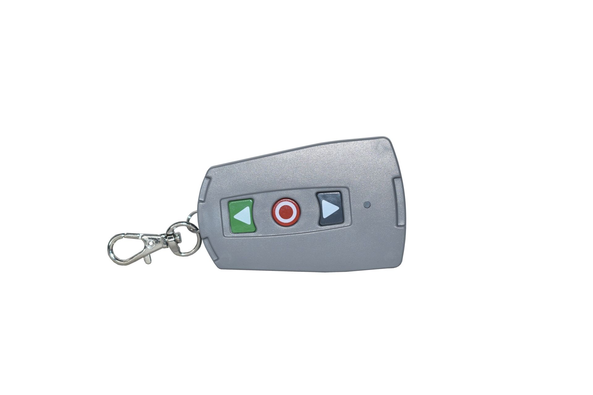 Key fob remote with green, red, and blue buttons on a white background