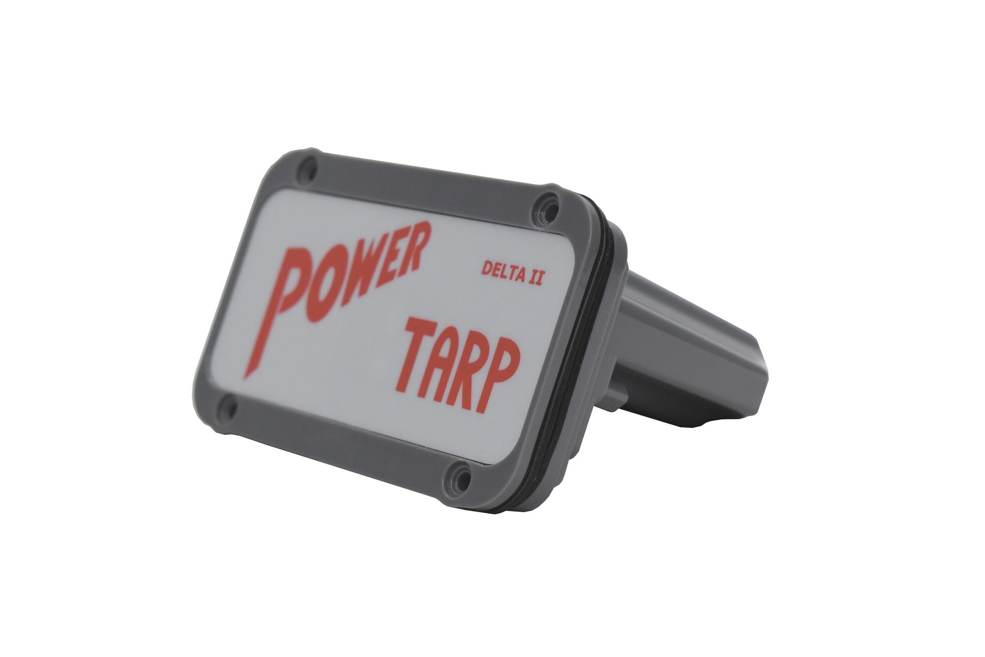 3D-rendered gray device labeled “POWER TARP” in red, angled on a white background