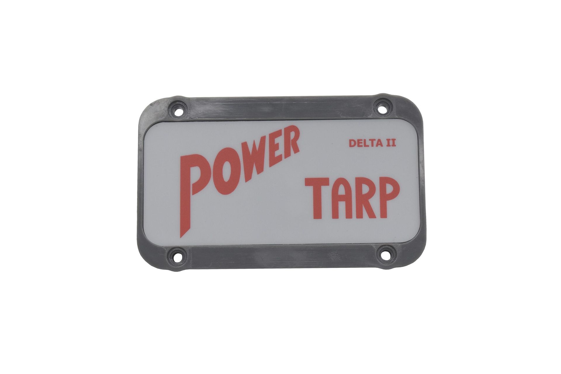Gray license plate reading “POWER TARP” in red letters on a white background.