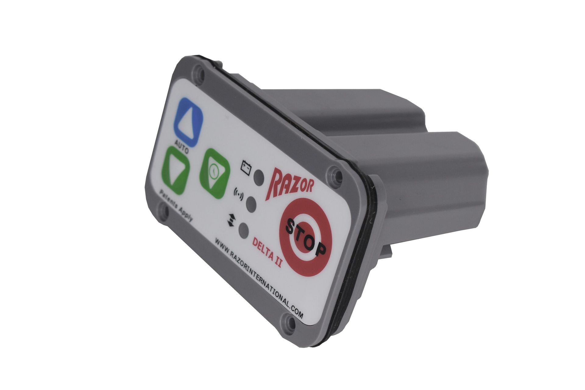 Gray and white handheld control box with colored buttons and a cable connector