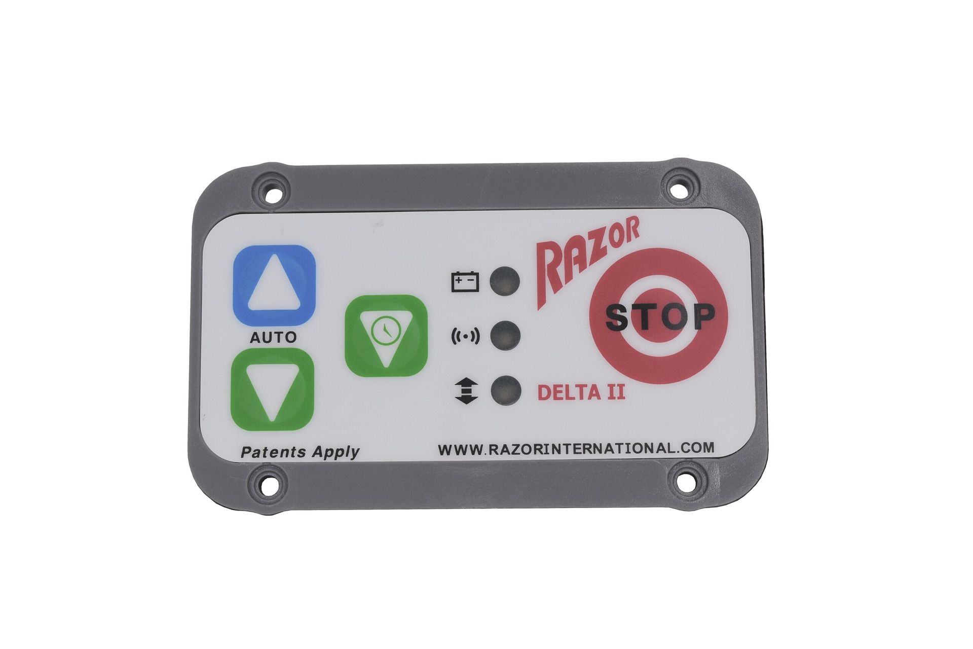White control panel labeled “Raptor Stop” with blue, green, and red buttons and a large red stop button.