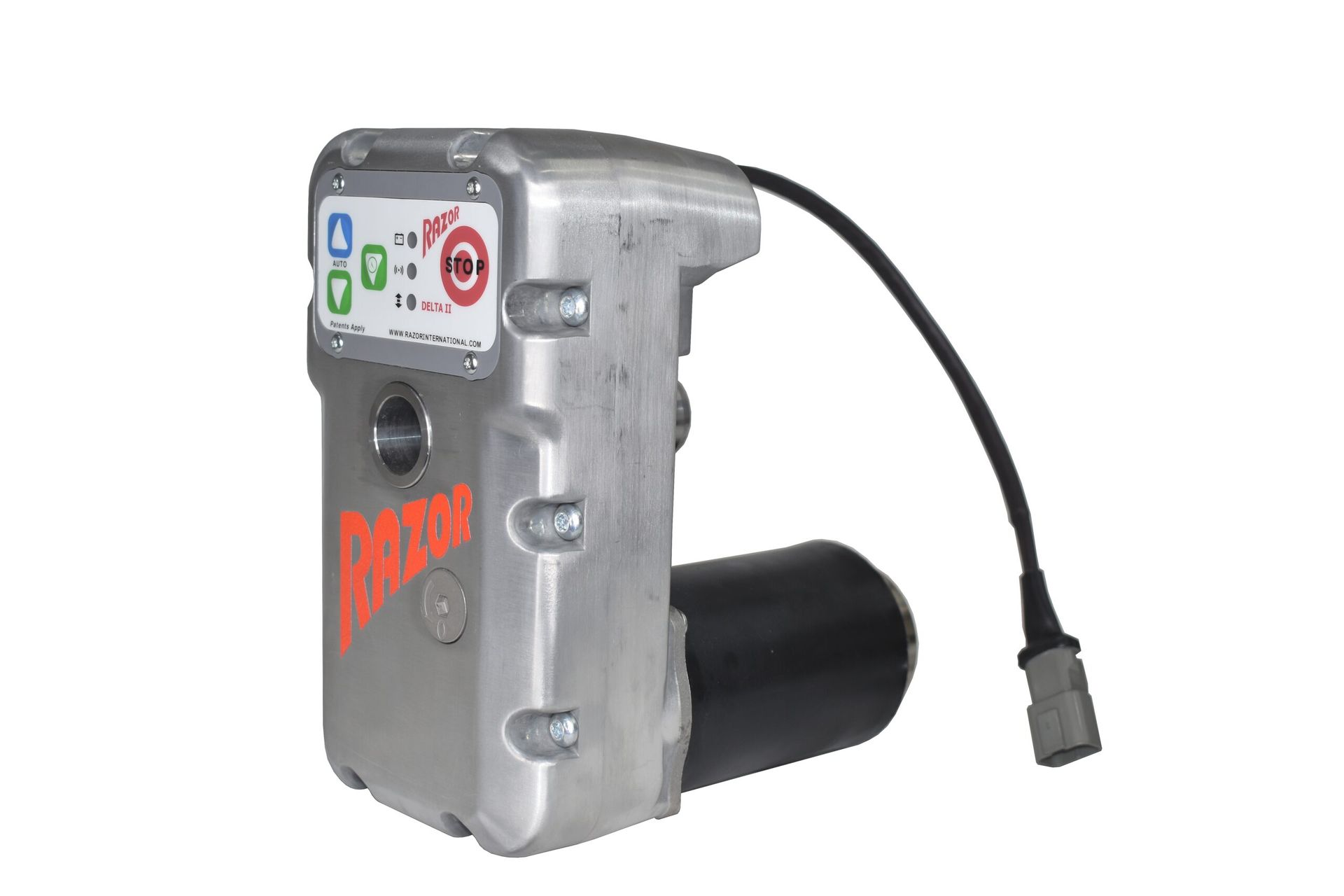 Compact silver industrial device with black cylinder and cable, featuring a small control panel on top