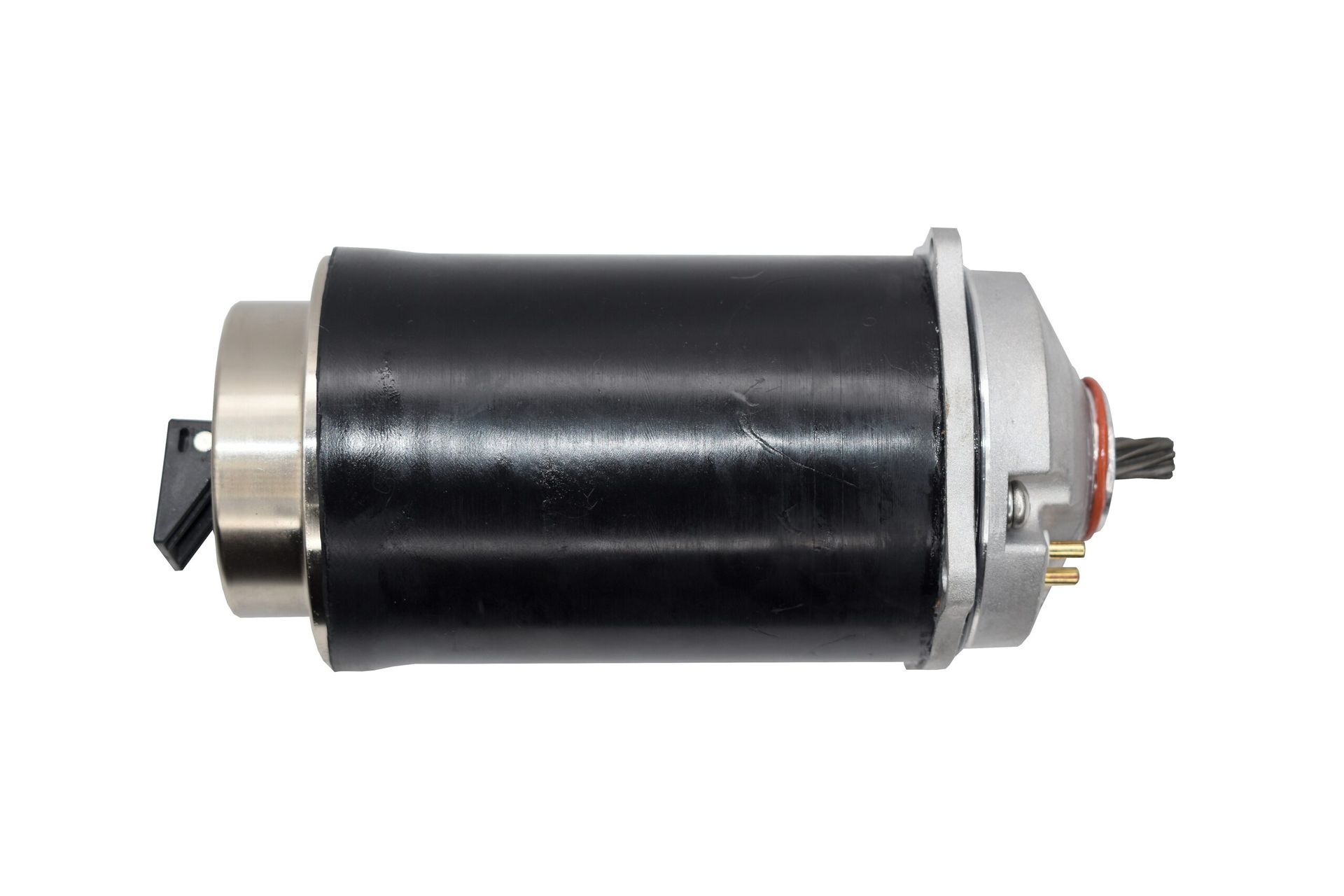 Black cylindrical electric motor with metal ends and a protruding shaft on a white background