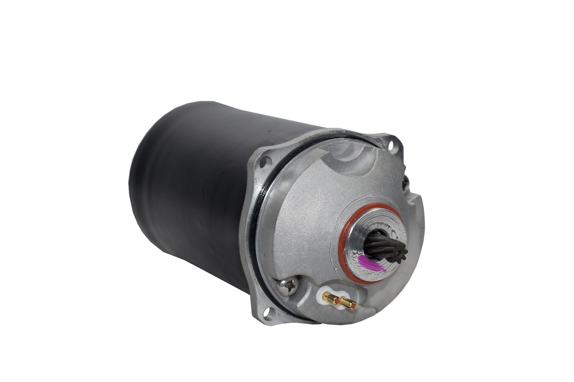 Black cylindrical electric motor with a silver mounting flange and exposed gear shaft