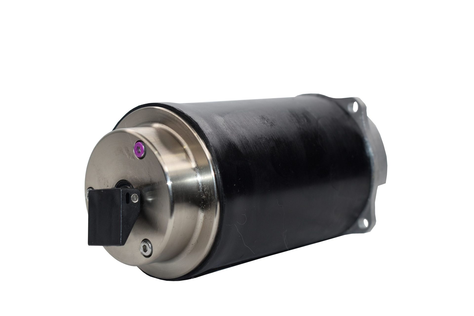Black cylindrical electric motor with silver end cap and mounting bracket