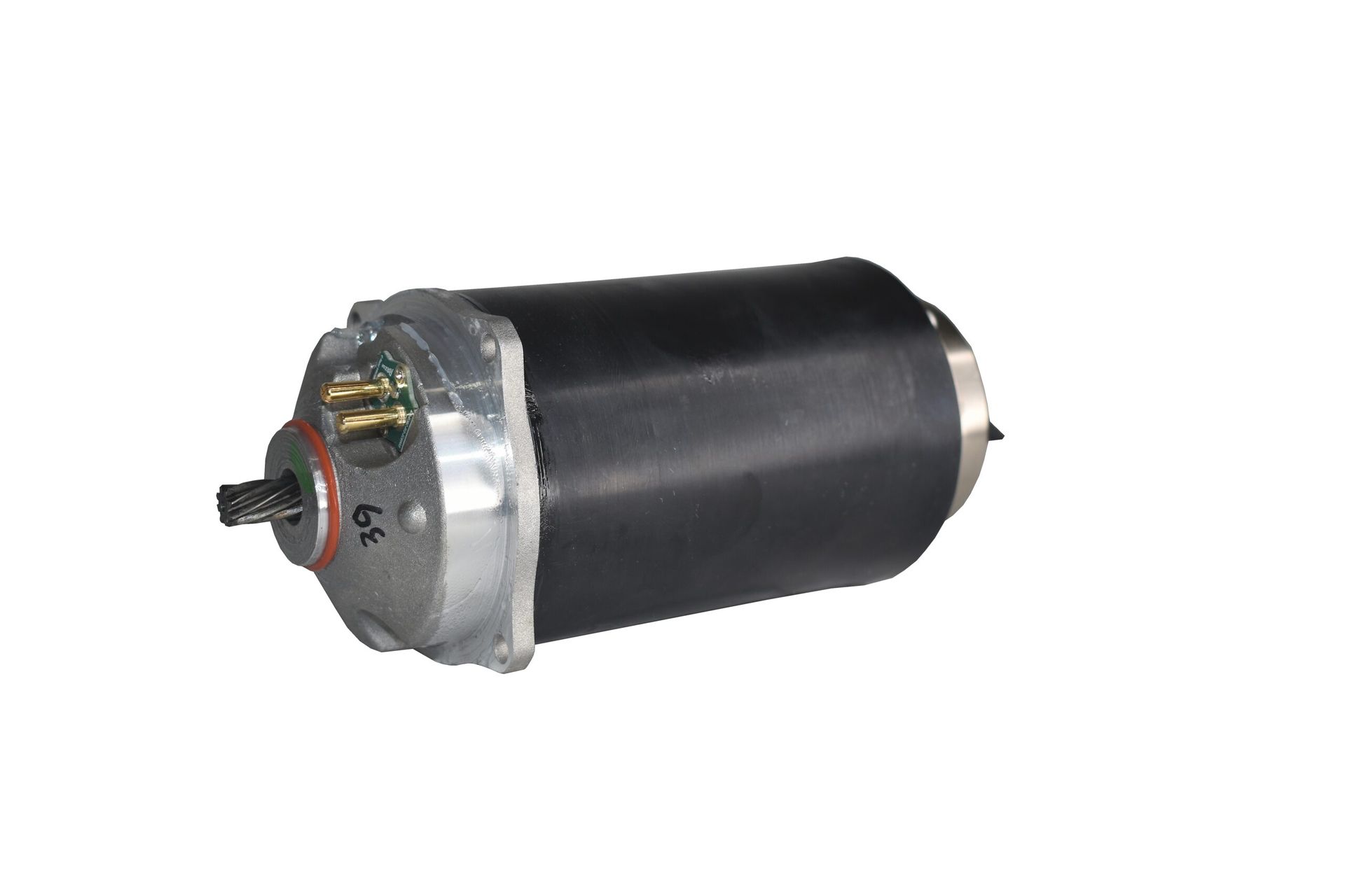 Black cylindrical electric motor with metal end cap and protruding shaft on white background