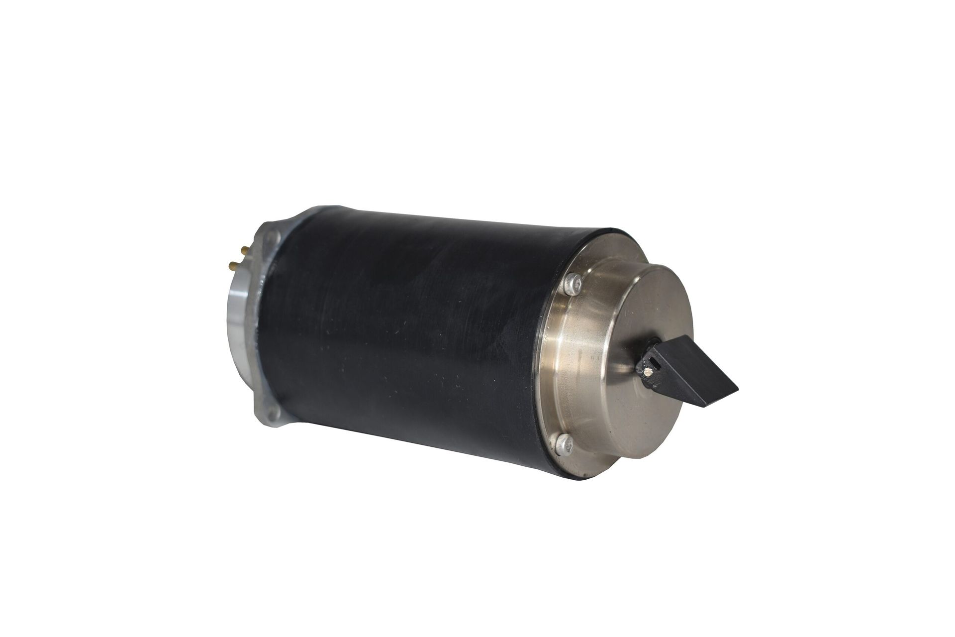 Black cylindrical metal industrial component with a silver end cap and small protruding nozzle