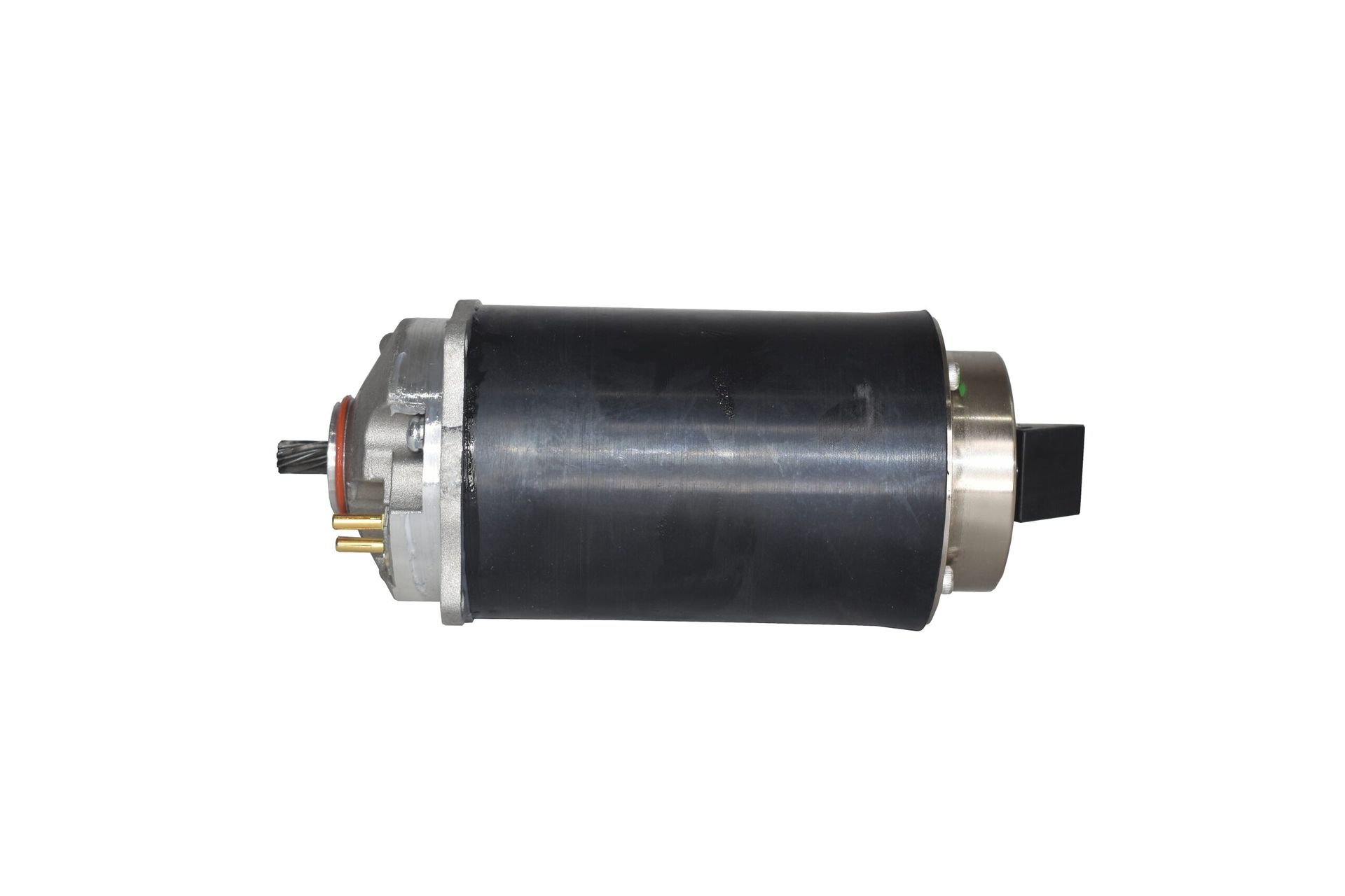 Small black cylindrical electric motor with metal ends on a white background