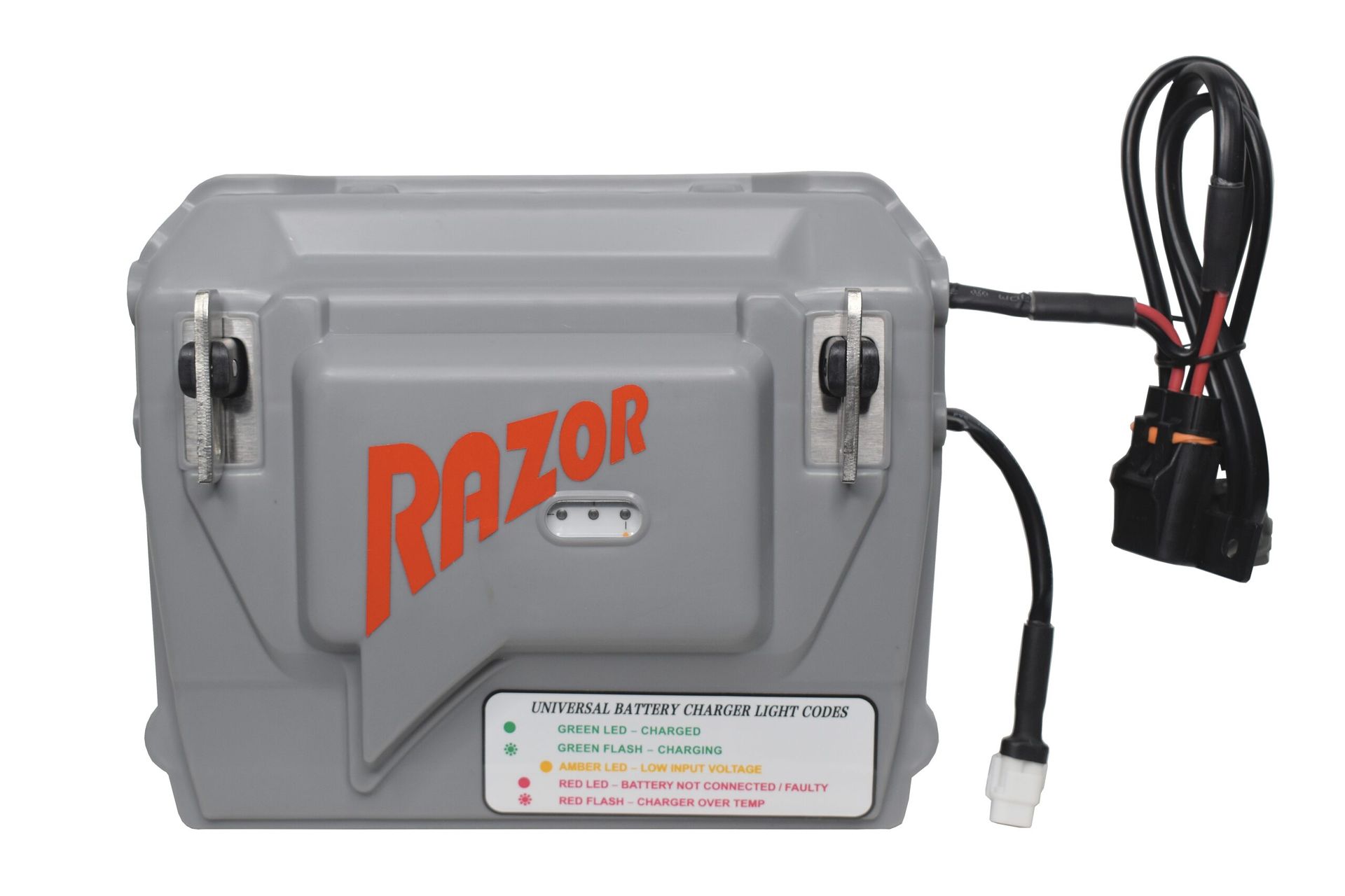 Gray Razor battery charger with attached power cord and plug.