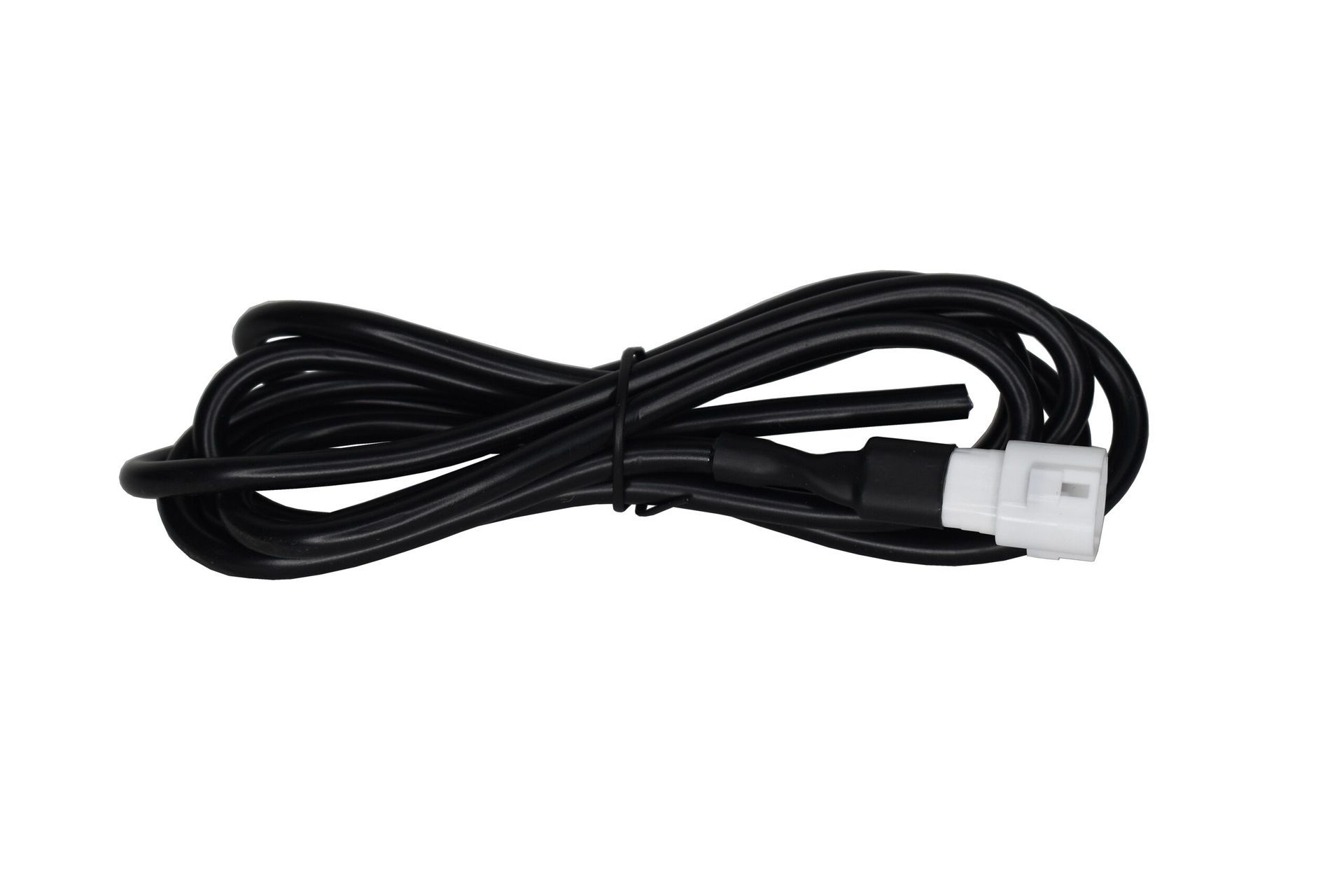 Black USB cable coiled with a silver connector on a white background
