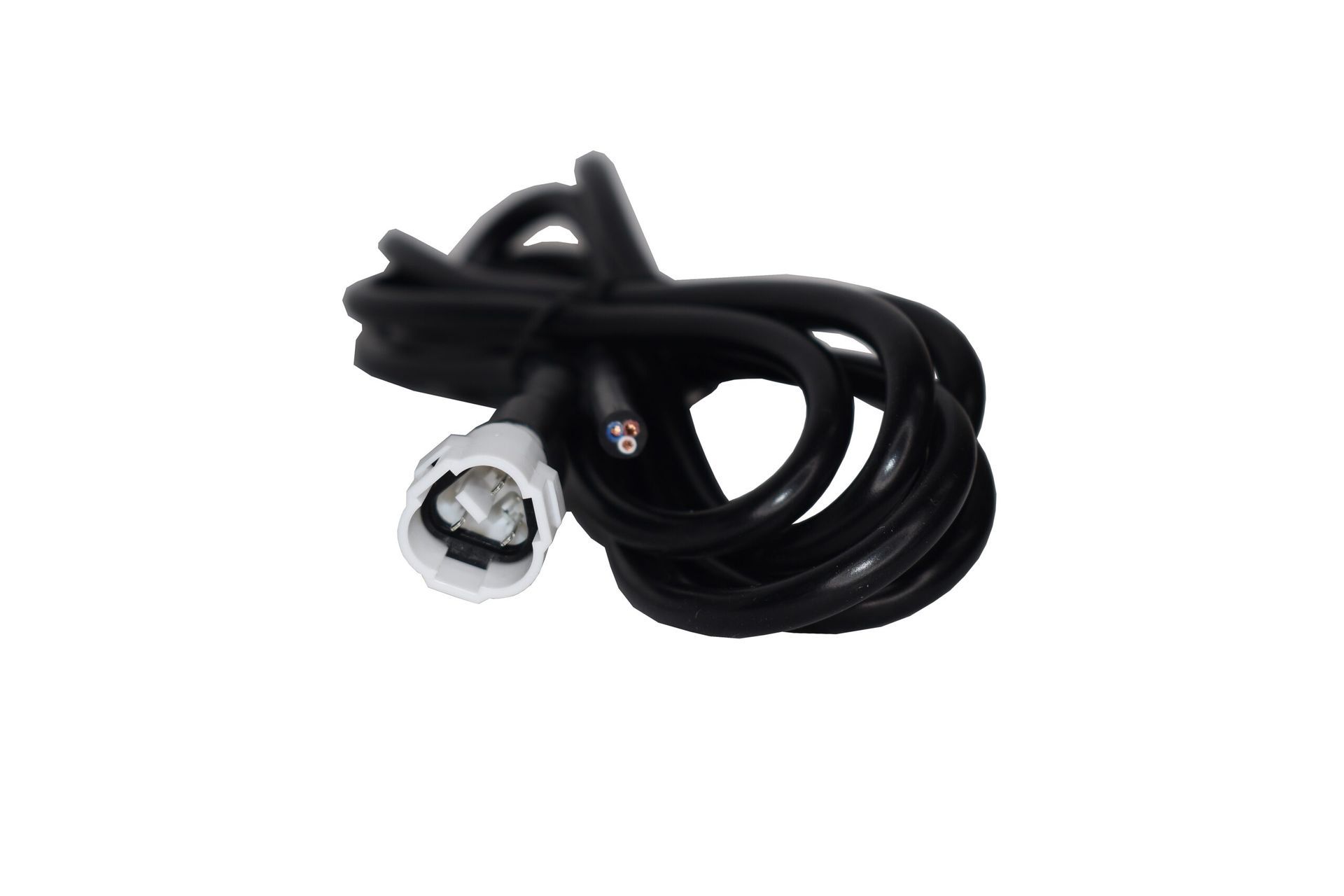 Black coiled power cord with a three-prong plug on a white background