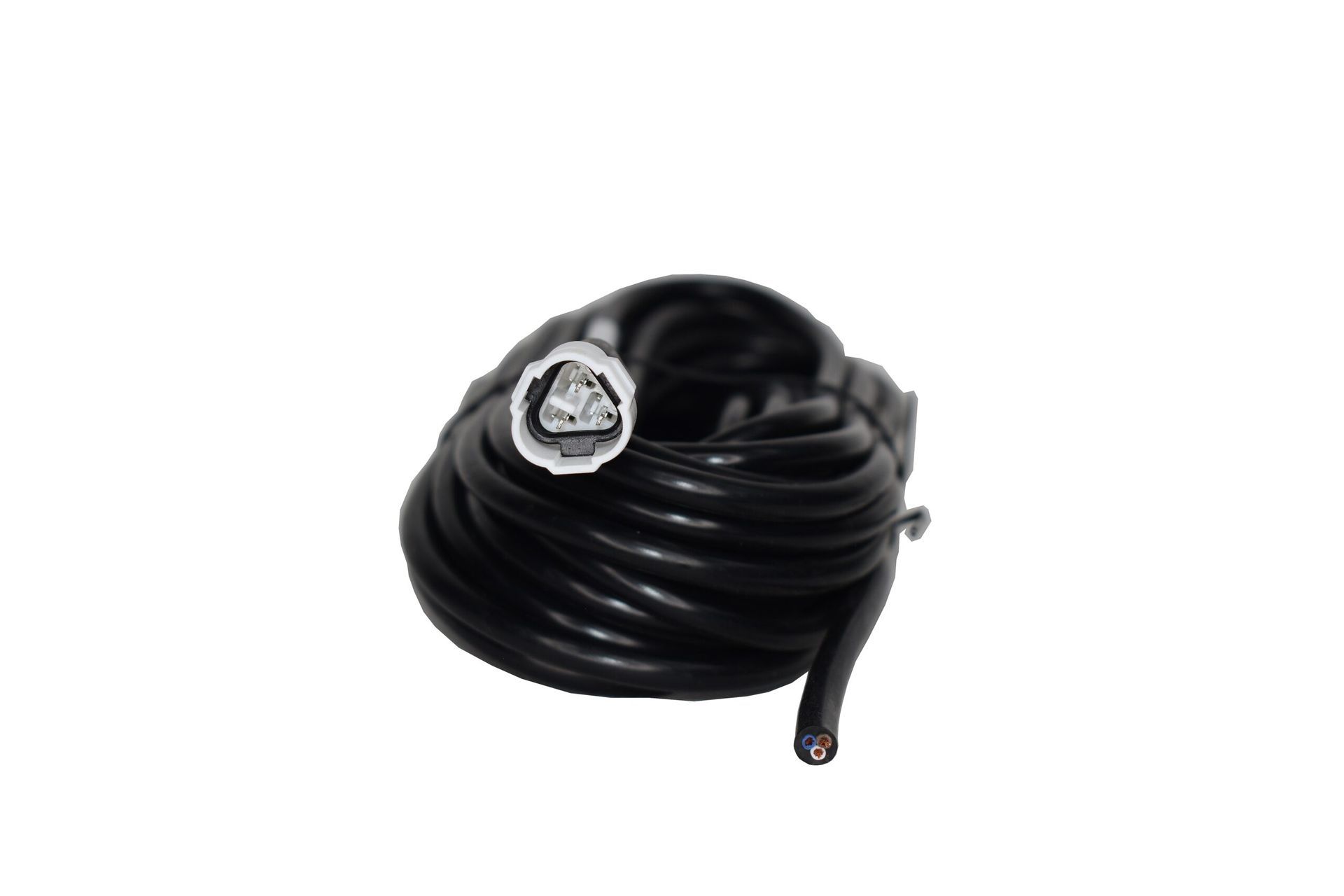 Coiled black hose or cable with metal fitting on a white background