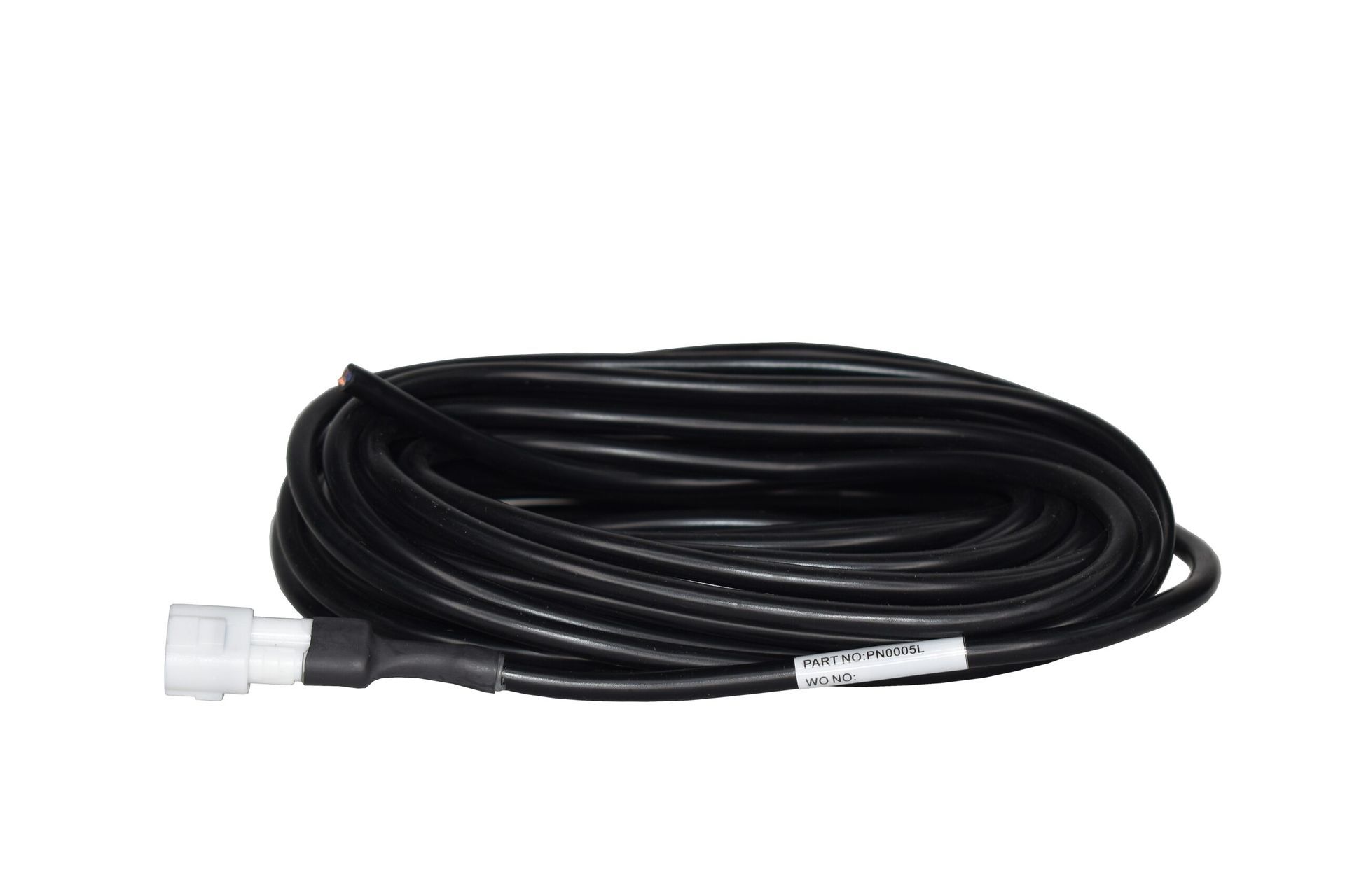 Coiled black cable with white connectors on a white background