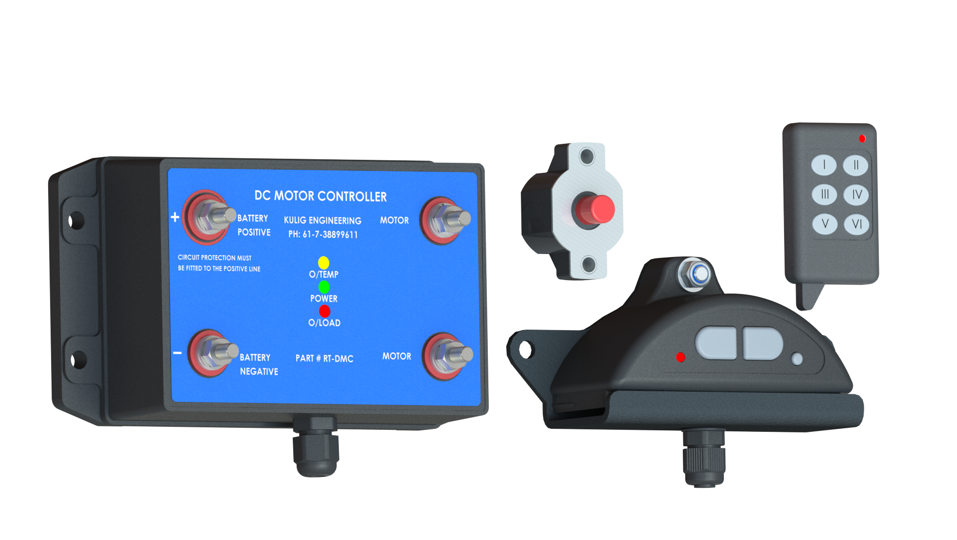 Blue and black electronic control unit with sensor, remote, and mounting bracket on white background