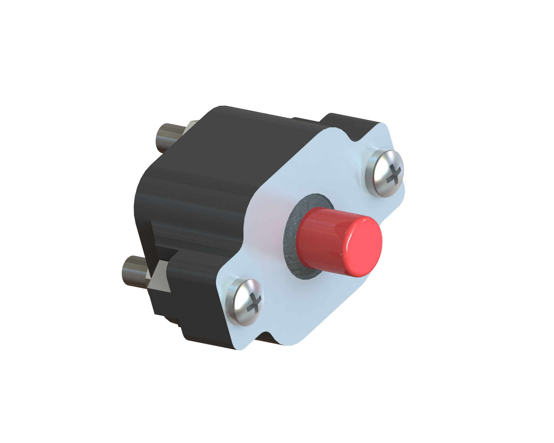 Small black-and-silver mechanical component with a red cylindrical shaft on the front