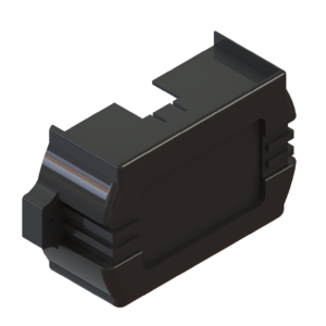Black and dark gray 3D plastic electronic component with stepped edges and a notch