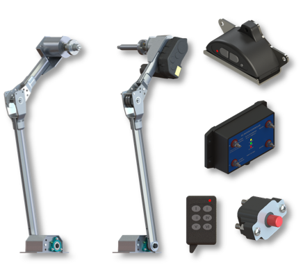 Robotic arm components and controllers on a white background, shown in gray and black