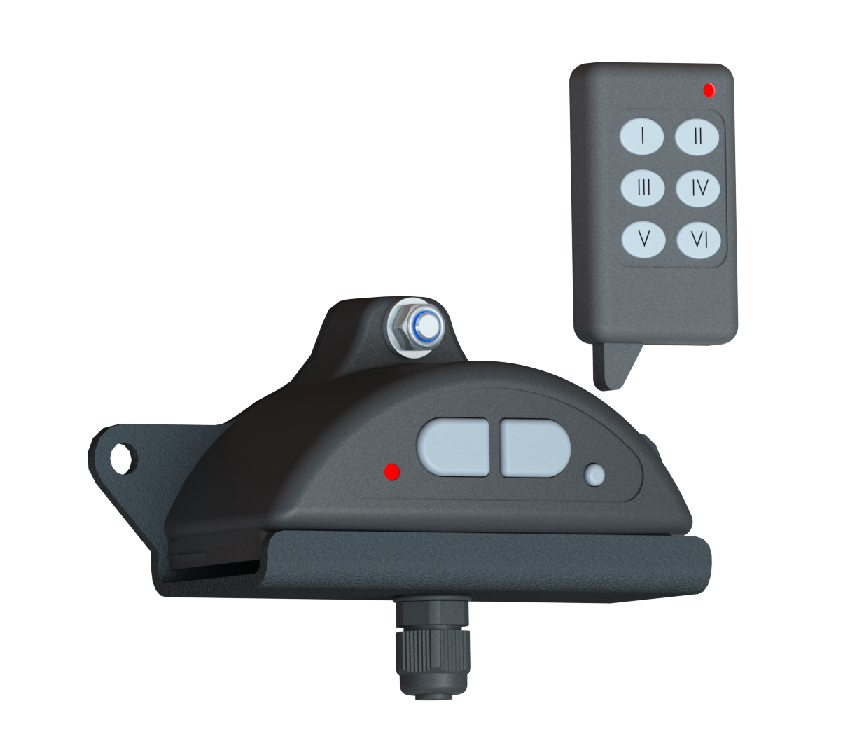 Black automated gate opener with two-button remote control on white background