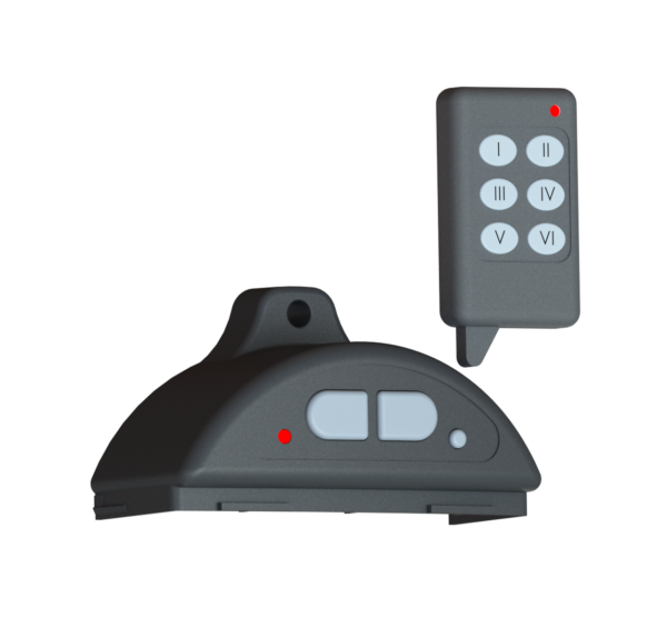 Black garage door opener and matching remote control on a white background.