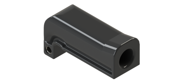 Black plastic mount with a large round opening and a small side hole on a white background