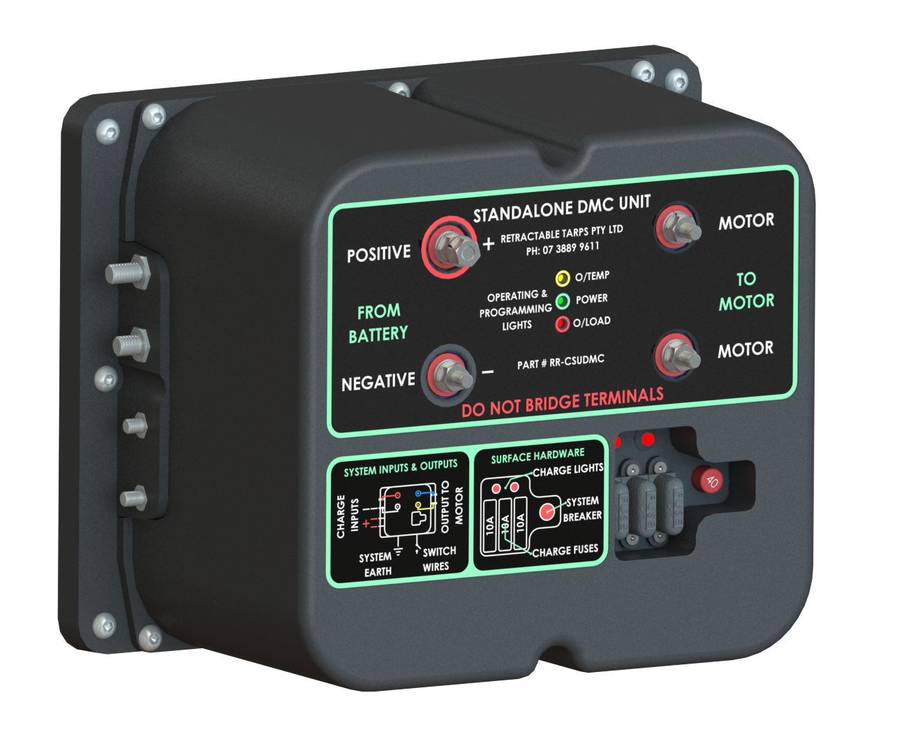 Black electrical control panel with labeled switches, indicator lights, and red buttons for a truck or motor system