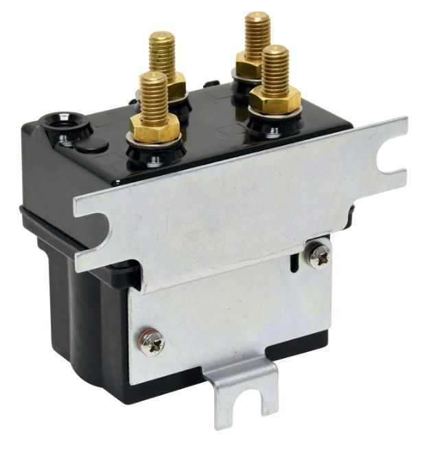 Black electrical relay with four gold terminals and silver mounting brackets on a white background